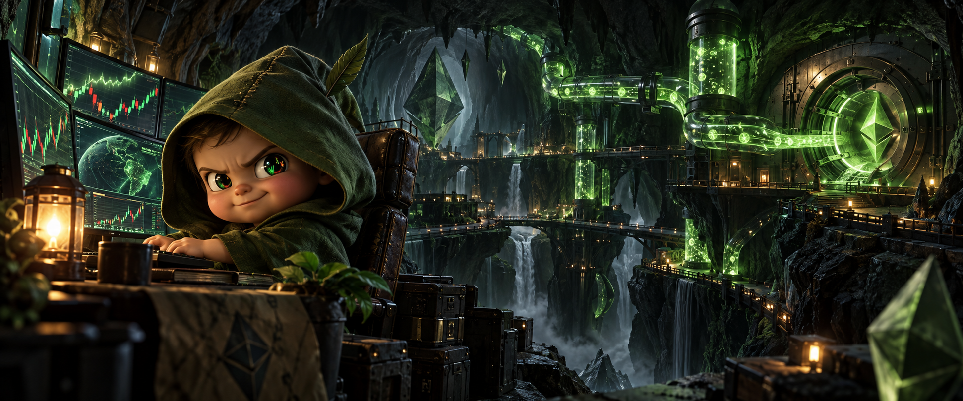 Trench Baby operating an underground trading station as glowing liquidity flows toward a secure vault